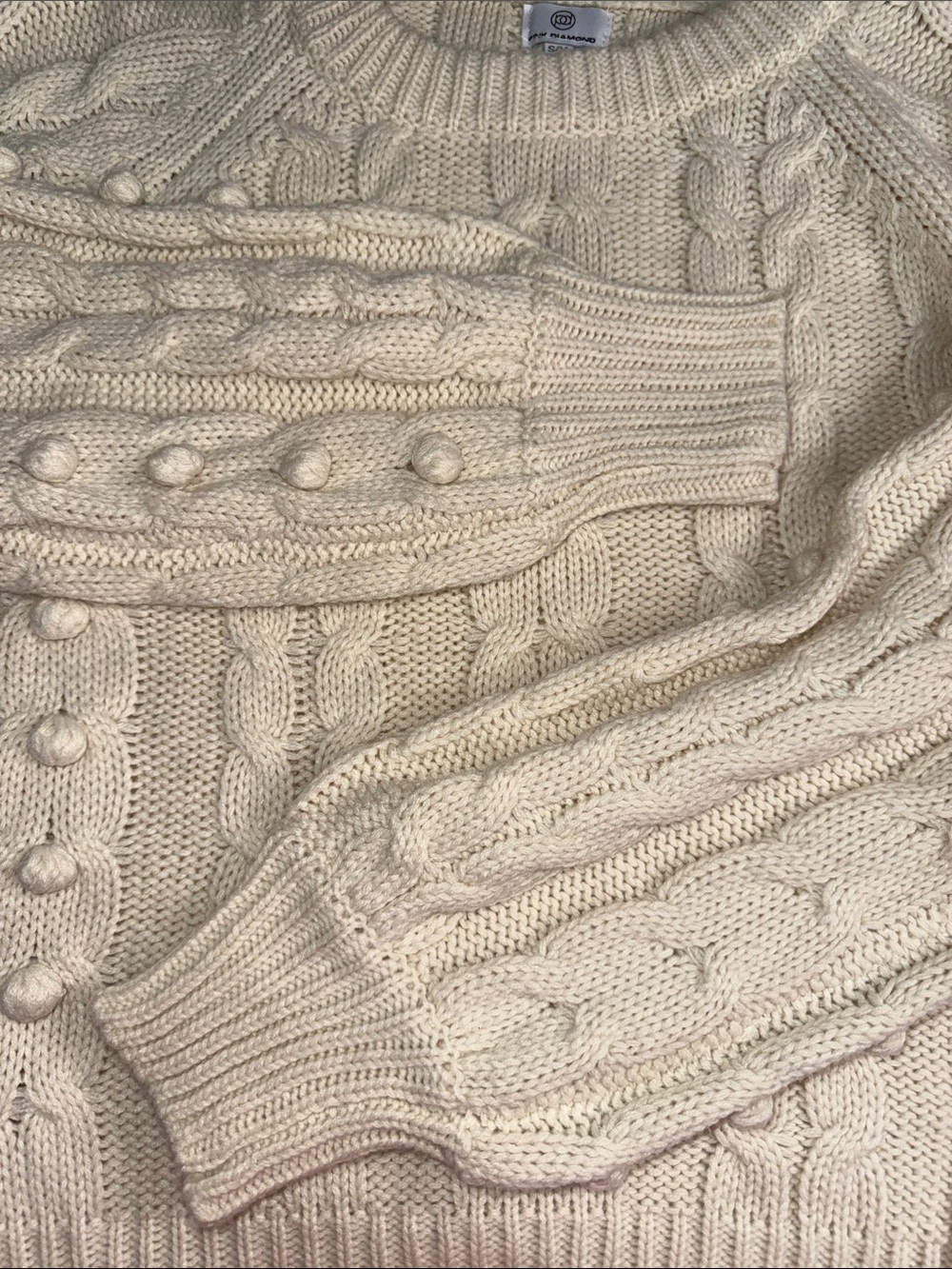 Pink Diamond Textured Chunky Knit Crewneck Sweater - Ivory/Cream - Picture 8 of 15